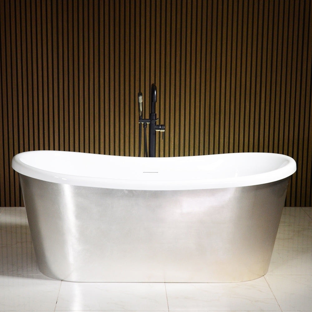 “LuxWide Calypso-USLBTSK73” 73" x 31.5" French Bateau Skirted Bathtub with “Umber Washed Silver Leaf” Exterior Finish
