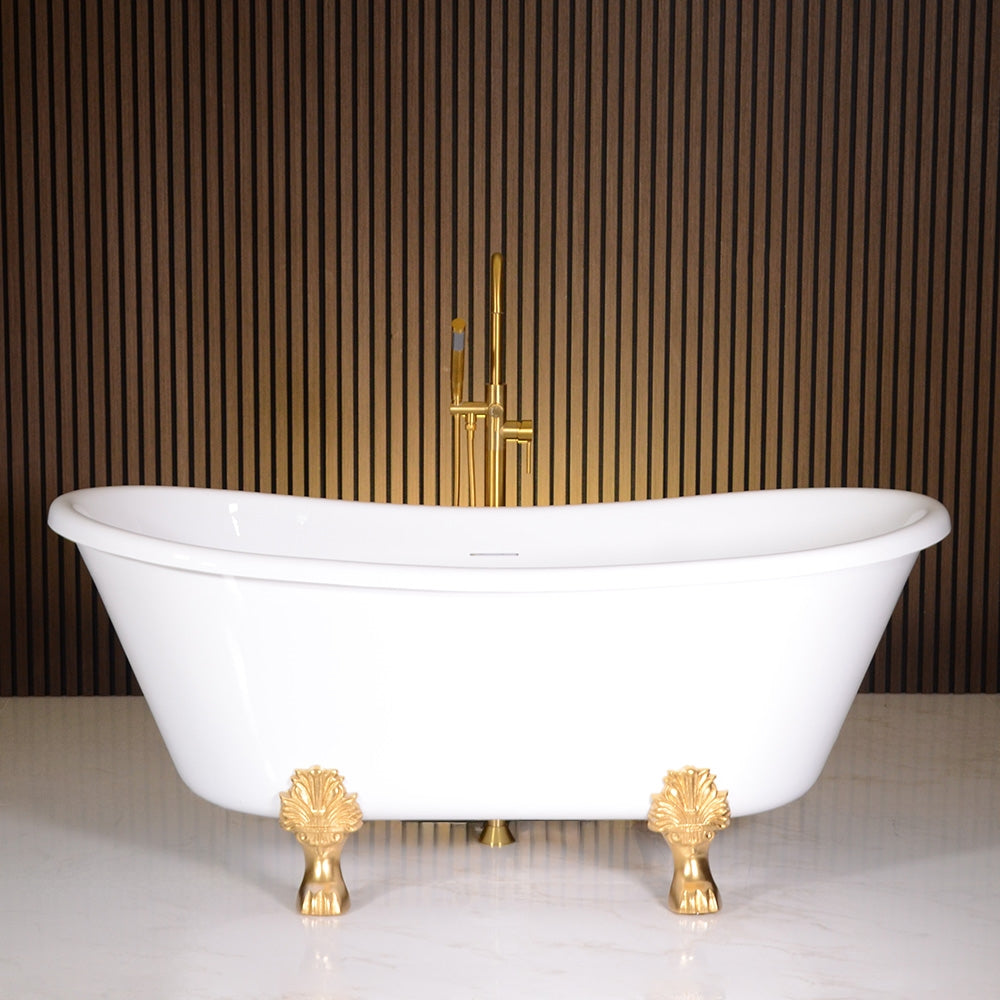 “LuxWide Calypso-BTClawWH67” 67 Inch CoreAcryl Acrylic French Bateau Clawfoot Tub in “High Gloss White” Interior and Exterior