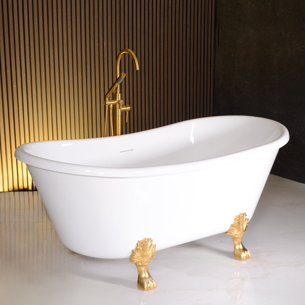 “LuxWide Calypso-BTClawWH67” 67 Inch CoreAcryl Acrylic French Bateau Clawfoot Tub in “High Gloss White” Interior and Exterior