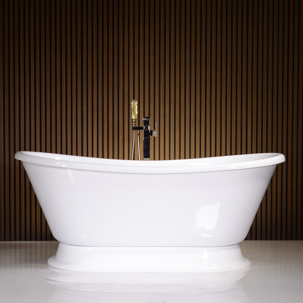 “LuxWide Calypso-WHPD59” 59 Inch CoreAcryl Acrylic French Bateau Pedestal Tub in “High Gloss White” Interior and Exterior