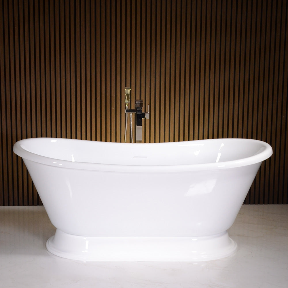 “LuxWide Calypso-WHPD59” 59 Inch CoreAcryl Acrylic French Bateau Pedestal Tub in “High Gloss White” Interior and Exterior