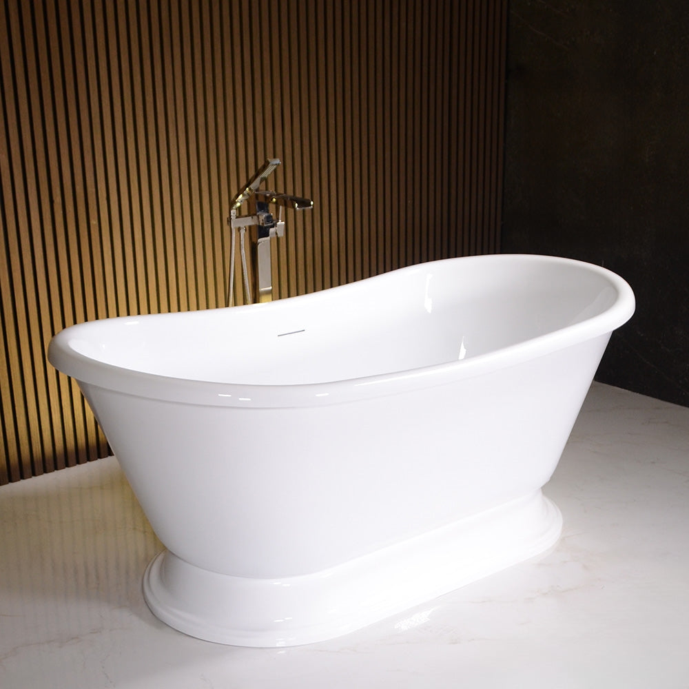 “LuxWide Calypso-WHPD59” 59 Inch CoreAcryl Acrylic French Bateau Pedestal Tub in “High Gloss White” Interior and Exterior