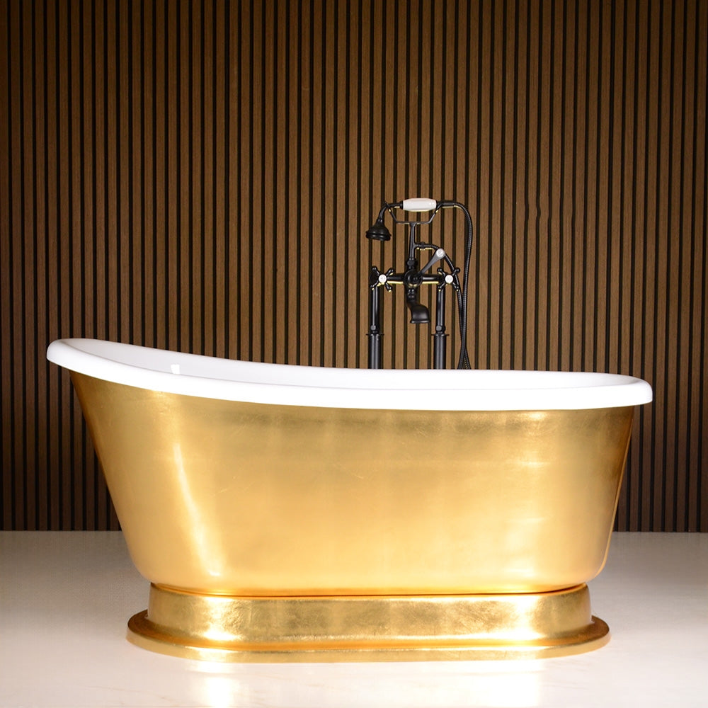 “LuxWide Calypso Iris-54-UGLPD” 54 Inch White CoreAcryl Acrylic Swedish Slipper Pedestal Tub with “Umber Washed Gold Leaf” Exterior