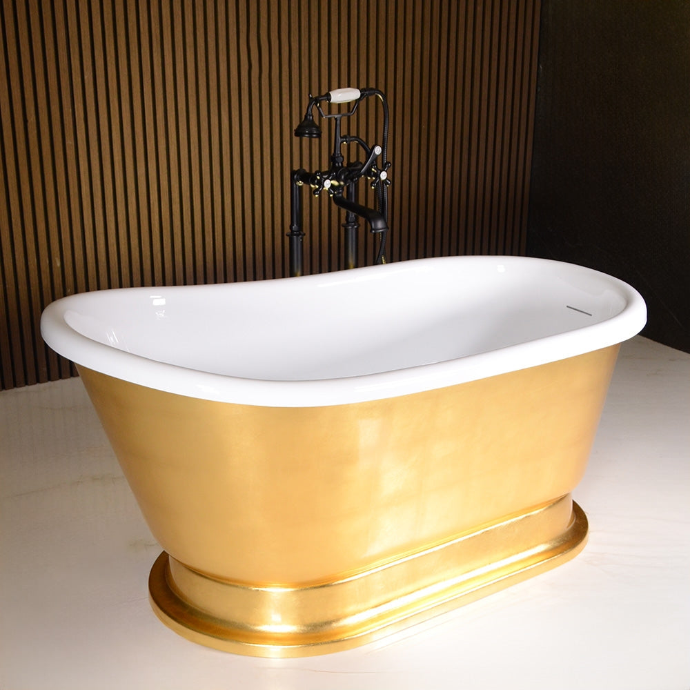 “LuxWide Calypso Iris-54-UGLPD” 54 Inch White CoreAcryl Acrylic Swedish Slipper Pedestal Tub with “Umber Washed Gold Leaf” Exterior
