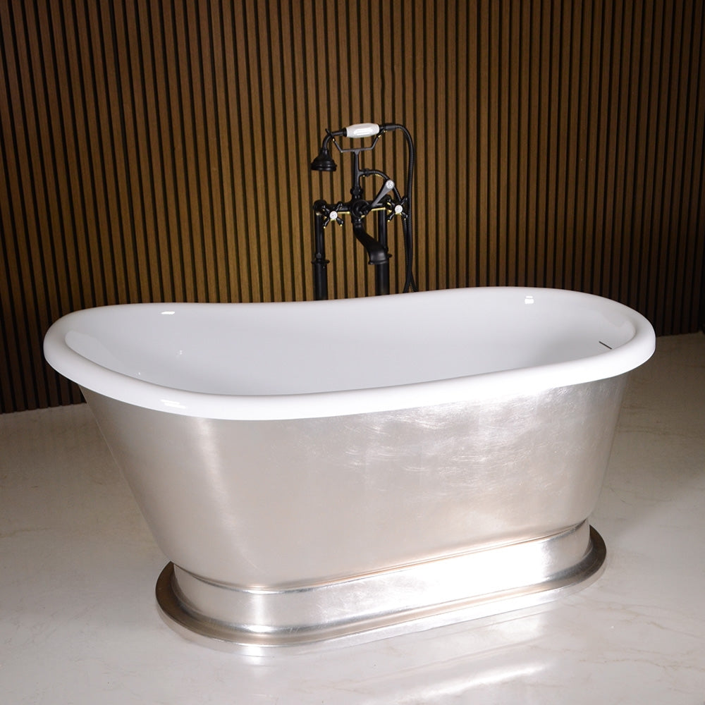 “LuxWide Calypso Iris-54-USLPD” 54 Inch White CoreAcryl Acrylic Swedish Slipper Pedestal Tub with “Umber Washed Silver Leaf” Exterior