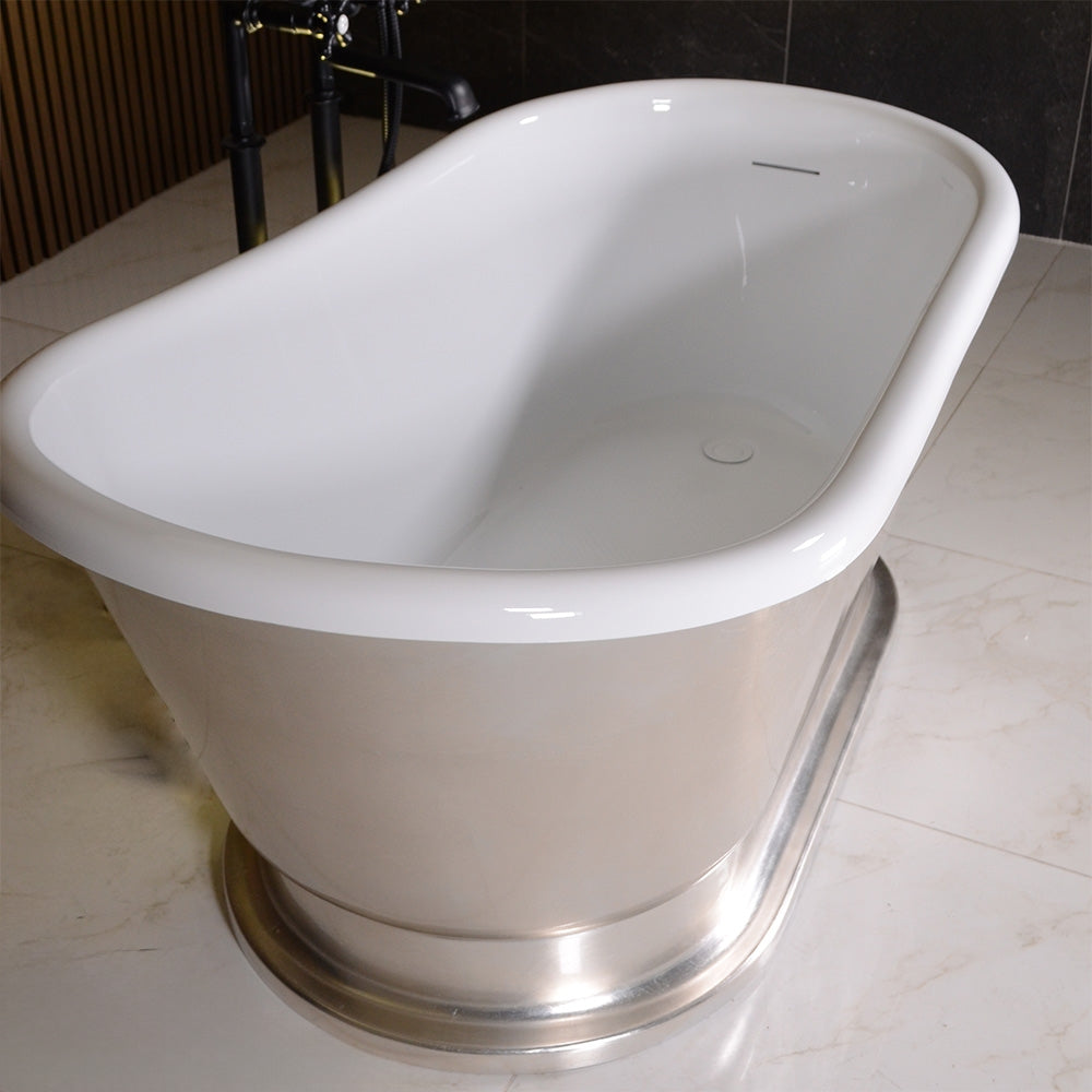 “LuxWide Calypso Iris-54-USLPD” 54 Inch White CoreAcryl Acrylic Swedish Slipper Pedestal Tub with “Umber Washed Silver Leaf” Exterior