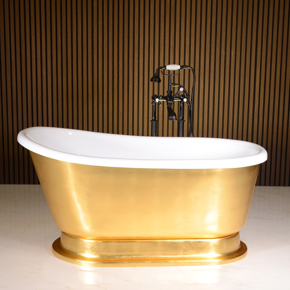 “LuxWide Calypso Iris-58-UGSLPD” 58 Inch White CoreAcryl Acrylic Swedish Slipper Pedestal Tub “Umber Washed Gold Leaf” Exterior