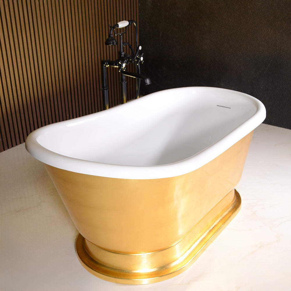 “LuxWide Calypso Iris-58-UGSLPD” 58 Inch White CoreAcryl Acrylic Swedish Slipper Pedestal Tub “Umber Washed Gold Leaf” Exterior