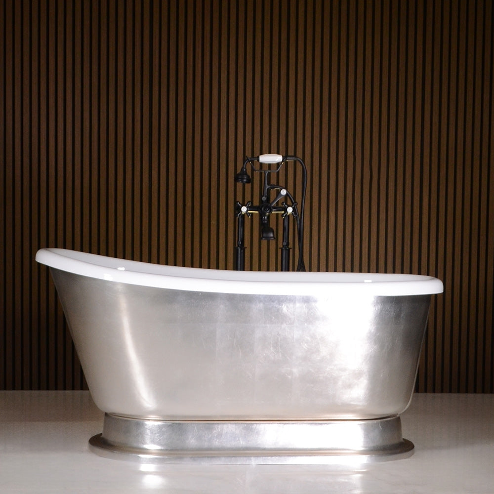 “LuxWide Calypso Iris-58-USLPD” 58 Inch White CoreAcryl Acrylic Swedish Slipper Pedestal Tub “Umber Washed Silver Leaf” Exterior