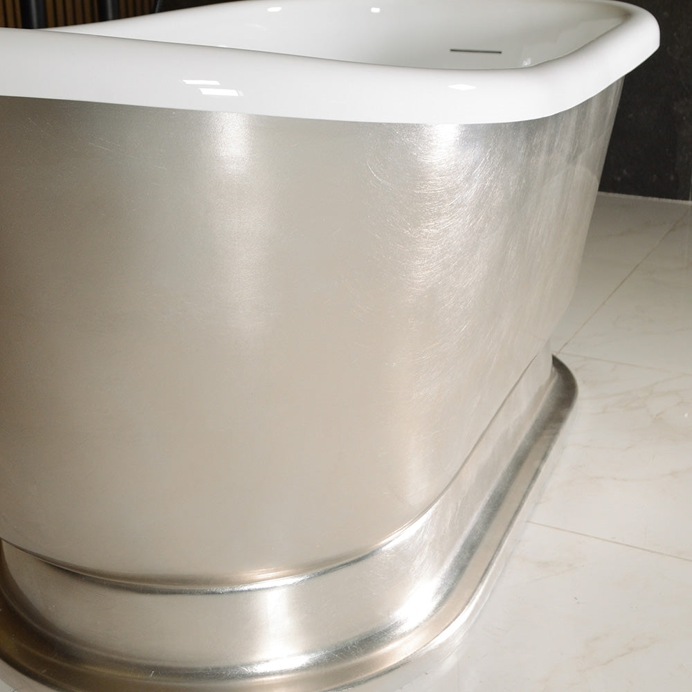 “LuxWide Calypso Iris-58-USLPD” 58 Inch White CoreAcryl Acrylic Swedish Slipper Pedestal Tub “Umber Washed Silver Leaf” Exterior