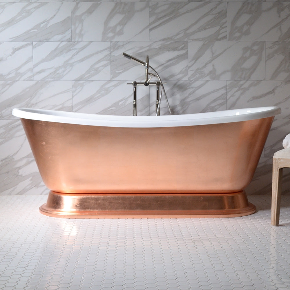 Standard Wide “Caterina59” 59" CoreAcryl WHITE Acrylic French Bateau Pedestal Tub with Copper Leaf Exterior and Drain