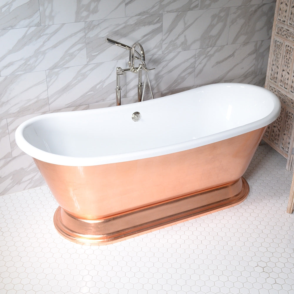 Standard Wide “Caterina59” 59" CoreAcryl WHITE Acrylic French Bateau Pedestal Tub with Copper Leaf Exterior and Drain