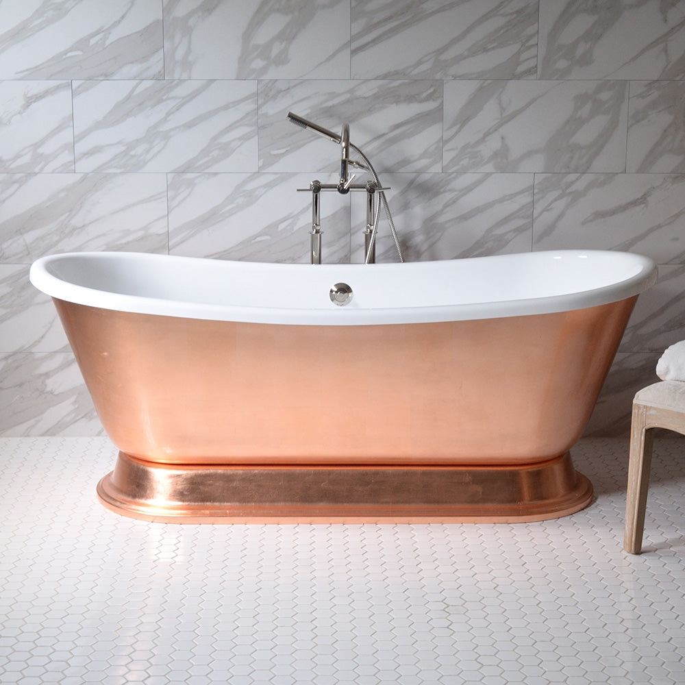 Standard Wide “Caterina73” 73" CoreAcryl WHITE Acrylic French Bateau Pedestal Tub with Copper Leaf Exterior and Drain