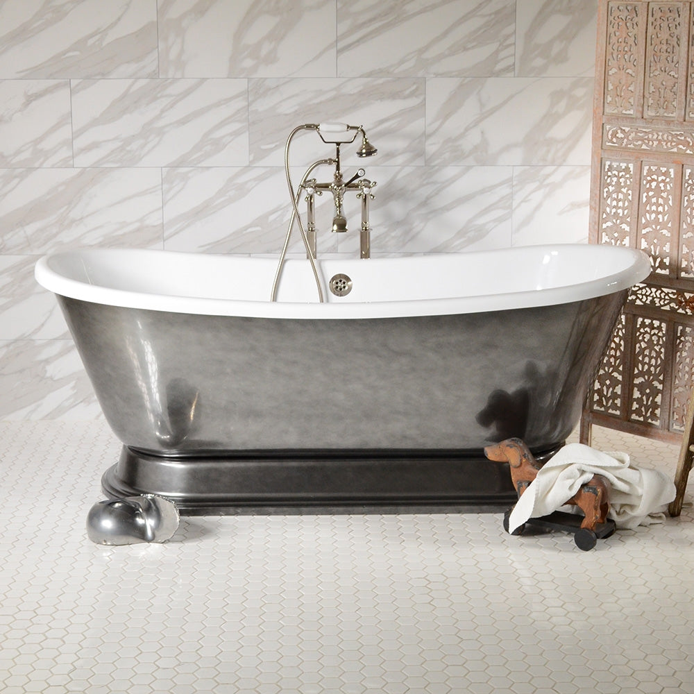 Standard Wide “Christoforo59” 59" CoreAcryl Acrylic Aged Chrome Exterior French Bateau Pedestal Tub and Drain