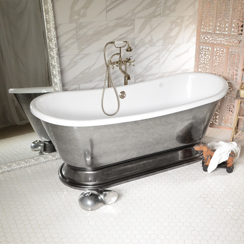 Standard Wide “Christoforo67” 67" CoreAcryl Acrylic Aged Chrome Exterior French Bateau Pedestal Tub and Drain