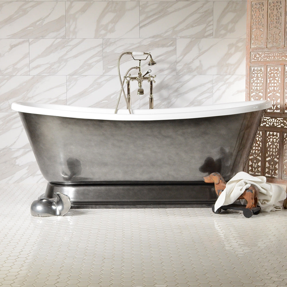 Standard Wide “Christoforo73” 73" CoreAcryl Acrylic Aged Chrome Exterior French Bateau Pedestal Tub and Drain