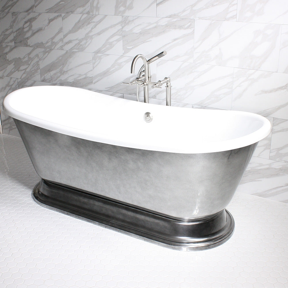 Standard Wide “Christoforo73” 73" CoreAcryl Acrylic Aged Chrome Exterior French Bateau Pedestal Tub and Drain