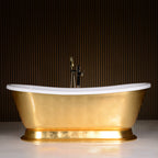 Standard Wide “Cleopatra59” 59" CoreAcryl WHITE Acrylic French Bateau Pedestal Tub with Umber Wash Egyptian Gold Leaf Exterior and Drain