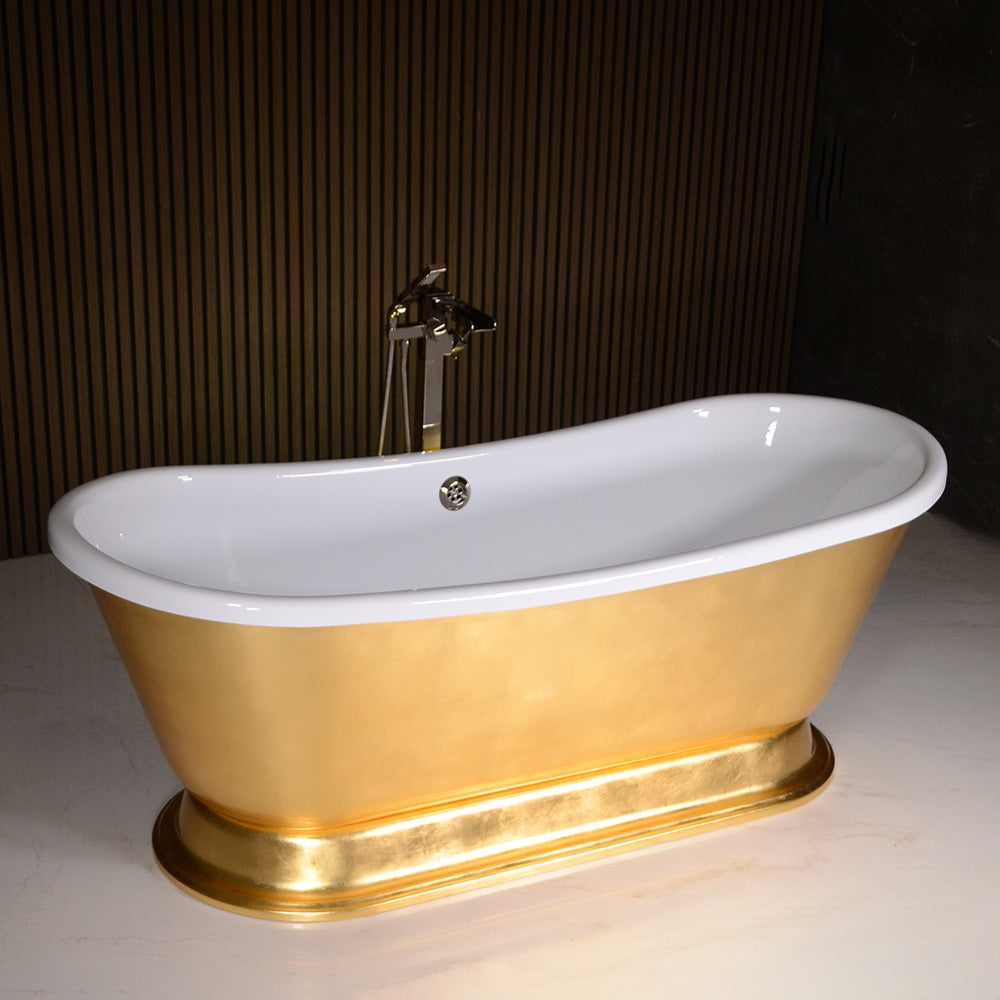 Standard Wide “Cleopatra67” 67" CoreAcryl WHITE Acrylic French Bateau Pedestal Tub with Umber Wash Egyptian Gold Leaf Exterior and Drain