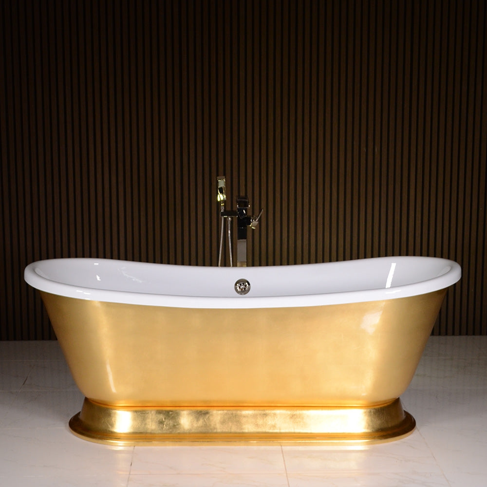 Standard Wide “Cleopatra67” 67" CoreAcryl WHITE Acrylic French Bateau Pedestal Tub with Umber Wash Egyptian Gold Leaf Exterior and Drain
