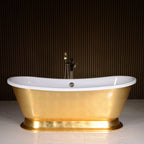 Standard Wide “Cleopatra73” 73" CoreAcryl WHITE Acrylic French Bateau Pedestal Tub with Umber Wash Egyptian Gold Leaf Exterior and Drain