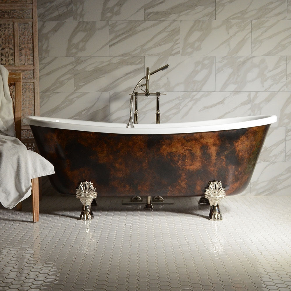 Standard Wide “Filipo73” 73" CoreAcryl Acrylic French Bateau with Antiqued Copper Leaf Exterior Clawfoot Tub and Drain