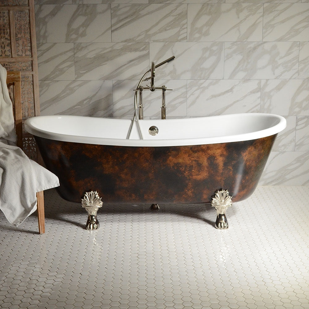 Standard Wide “Filipo73” 73" CoreAcryl Acrylic French Bateau with Antiqued Copper Leaf Exterior Clawfoot Tub and Drain