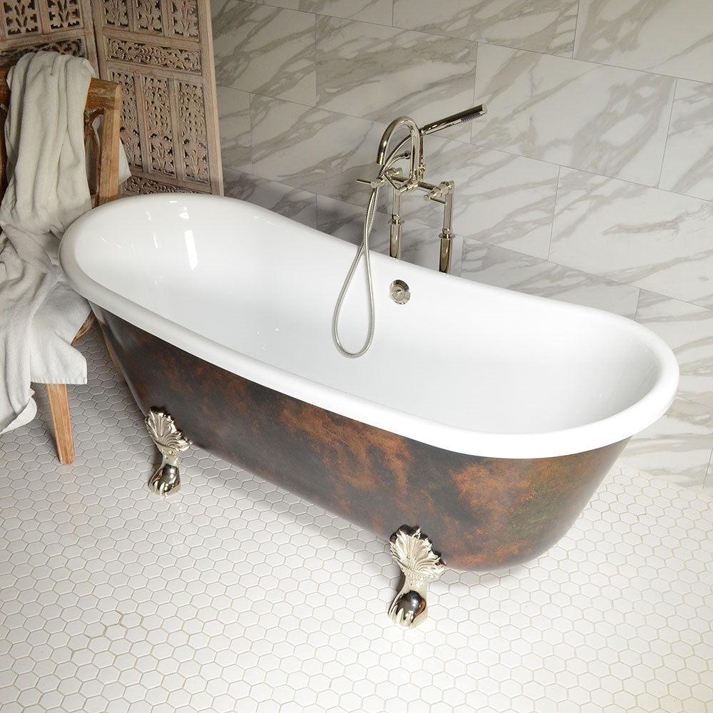 Standard Wide “Filipo59” 59" CoreAcryl Acrylic French Bateau with Antiqued Copper Leaf Exterior Clawfoot Tub and Drain