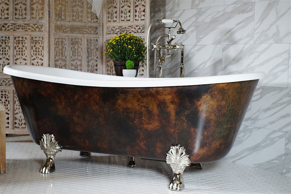 Standard Wide “Filipo73” 73" CoreAcryl Acrylic French Bateau with Antiqued Copper Leaf Exterior Clawfoot Tub and Drain