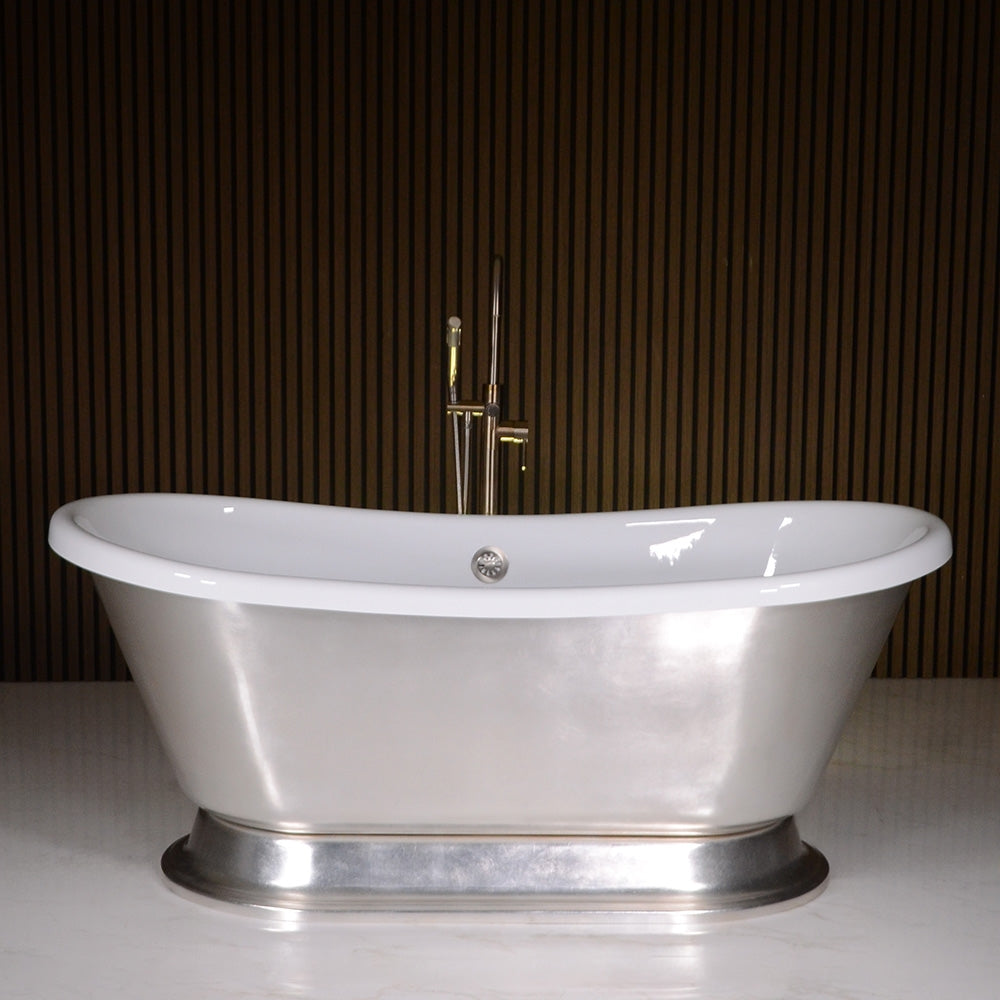 Standard Wide “Gianetta59” 59" CoreAcryl WHITE Acrylic French Bateau Pedestal Tub with Umber Wash Silver Leaf Exterior