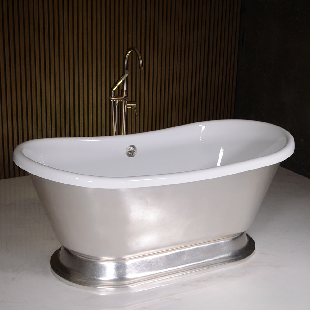 Standard Wide “Gianetta59” 59" CoreAcryl WHITE Acrylic French Bateau Pedestal Tub with Umber Wash Silver Leaf Exterior