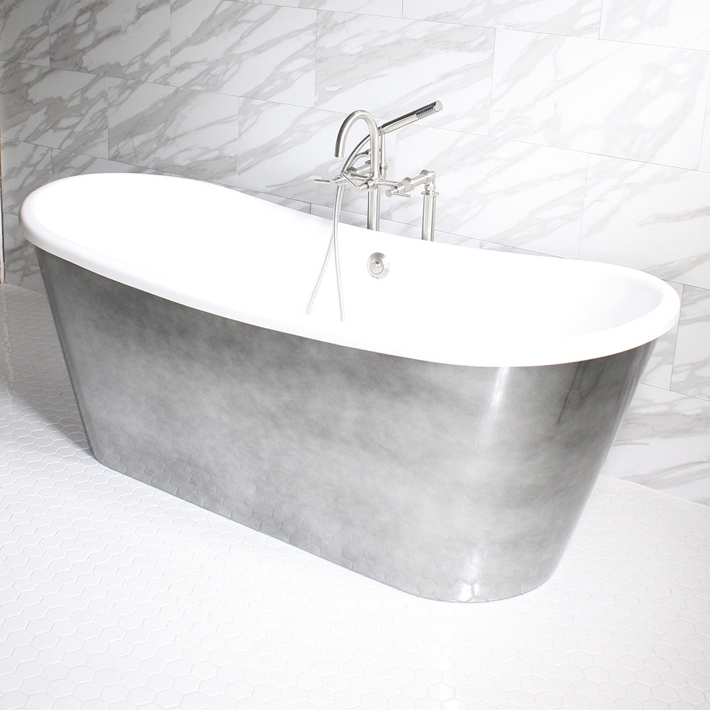 Standard Wide “Ginevra59” 59" CoreAcryl WHITE French Bateau Acrylic Skirted Tub with Aged Chrome Exterior plus Drain