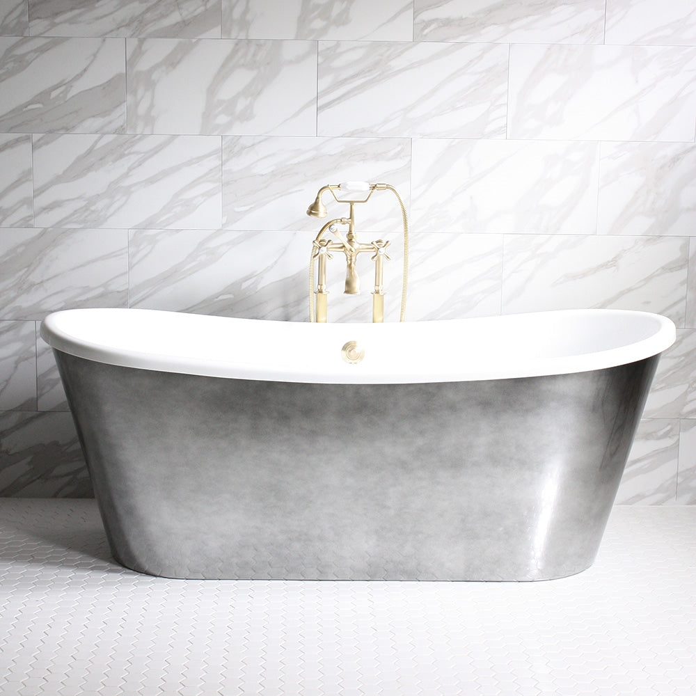 Standard Wide “Ginevra67” 67" CoreAcryl WHITE French Bateau Acrylic Skirted Tub with Aged Chrome Exterior plus Drain