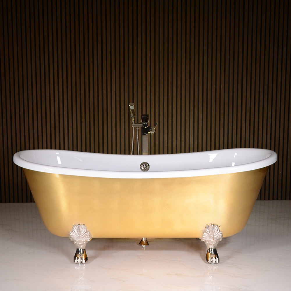 Standard Wide “Ramesses59” 59" CoreAcryl WHITE Acrylic French Bateau Clawfoot Tub with Umber Wash Egyptian Gold Leaf Exterior plus Drain