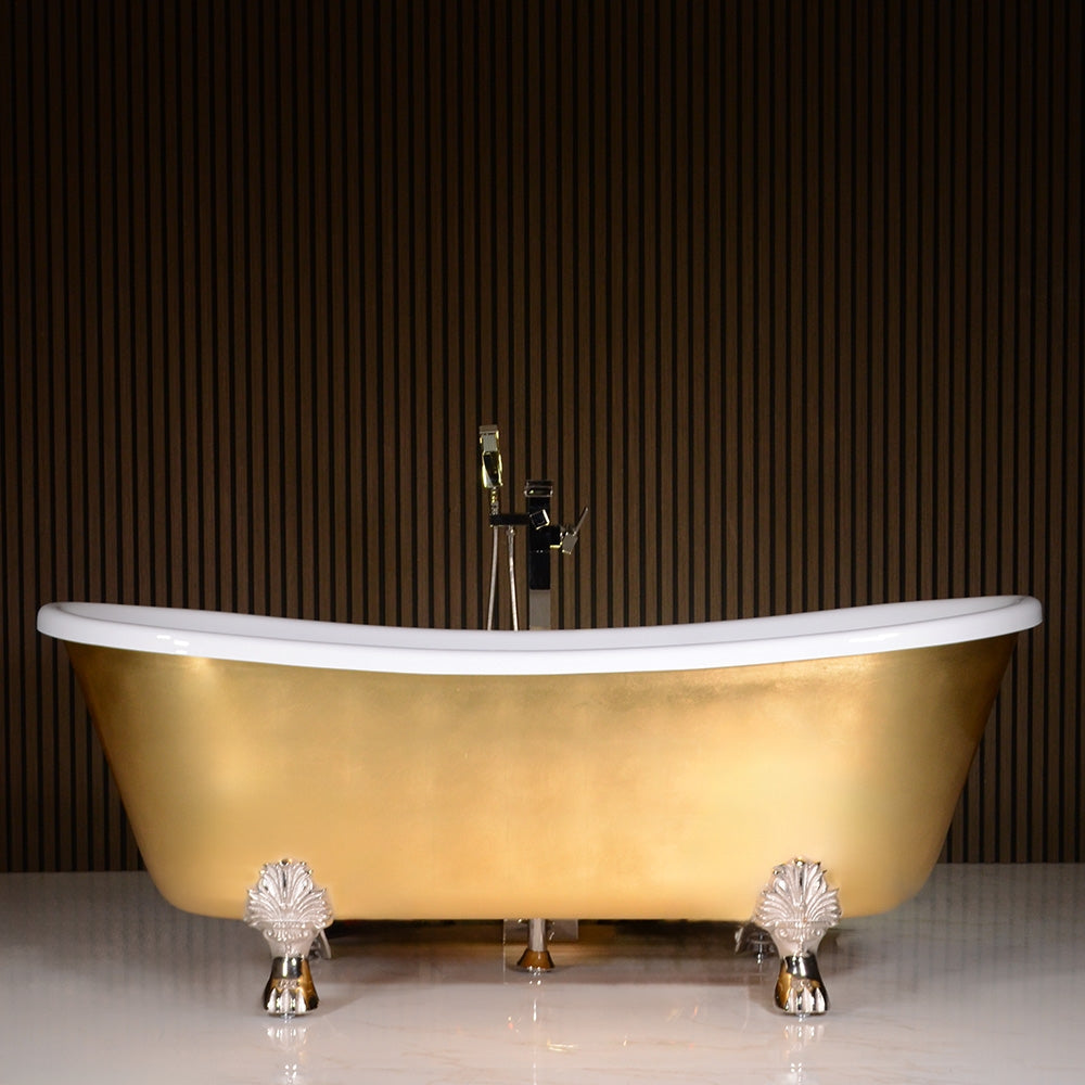 Standard Wide “Ramesses59” 59" CoreAcryl WHITE Acrylic French Bateau Clawfoot Tub with Umber Wash Egyptian Gold Leaf Exterior plus Drain