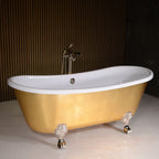 Standard Wide “Ramesses73” 73" CoreAcryl WHITE Acrylic French Bateau Clawfoot Tub with Umber Wash Egyptian Gold Leaf Exterior plus Drain