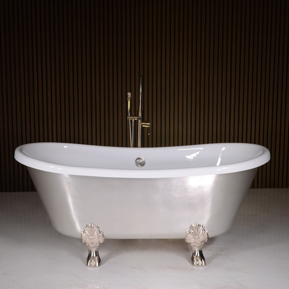 Standard Wide “Simona73” 73" CoreAcryl WHITE Acrylic French Bateau Clawfoot Tub with Umber Wash Silver Leaf Exterior