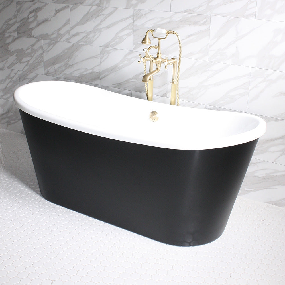 Standard Wide “Sorrentino59” 59" WHITE CoreAcryl Acrylic French Bateau Tub with Eggshell Black Exterior plus Drain