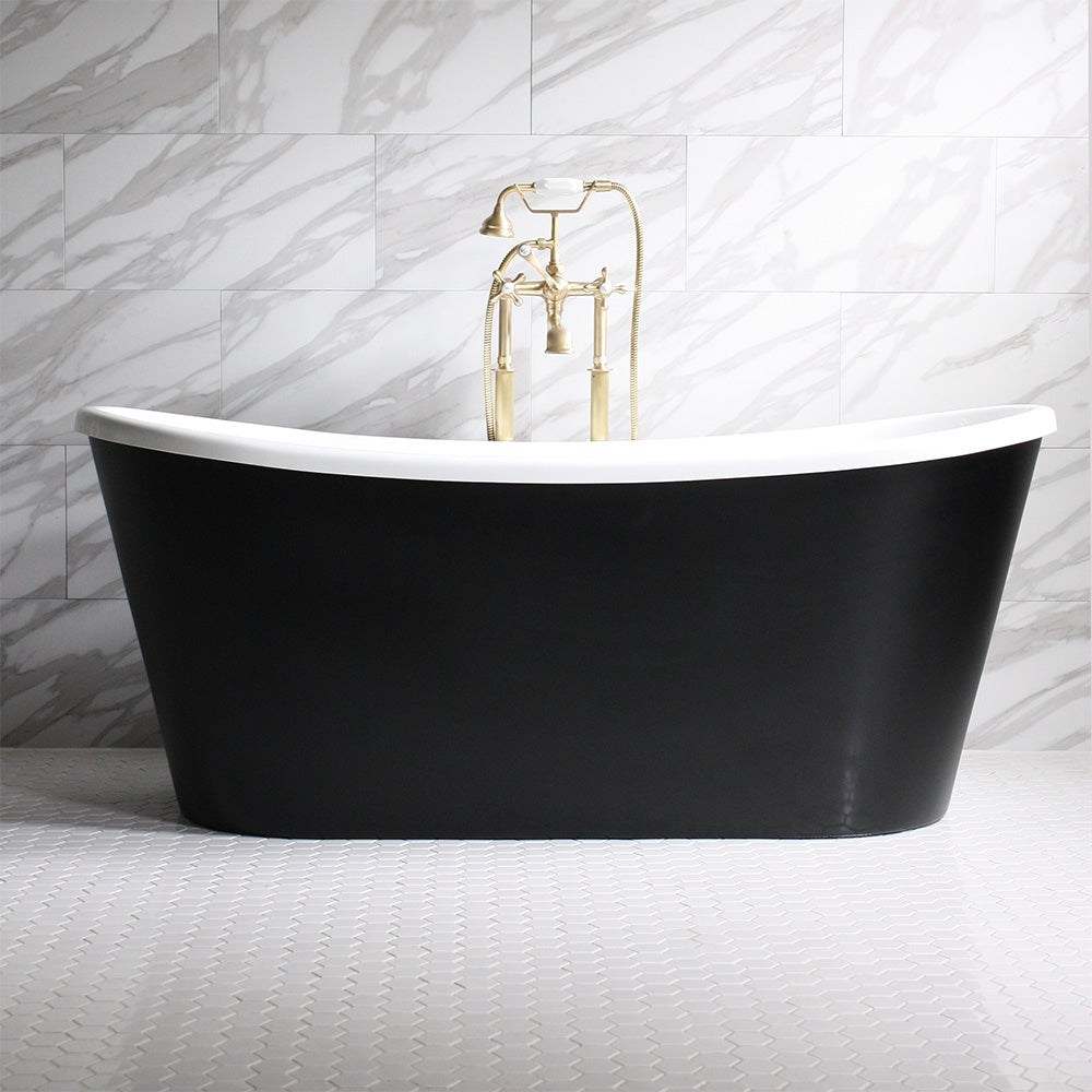 Standard Wide “Sorrentino59” 59" WHITE CoreAcryl Acrylic French Bateau Tub with Eggshell Black Exterior plus Drain