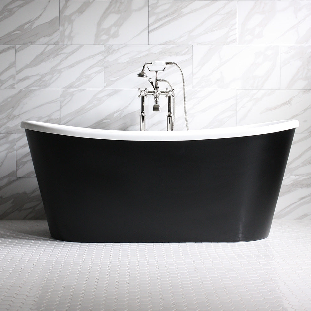 Standard Wide “Sorrentino67” 67" WHITE CoreAcryl Acrylic French Bateau Tub with Eggshell Black Exterior plus Drain
