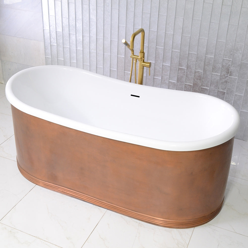 “SanSiro Biarritz S59LA” 59 Inch “Water and Air Jetted” Lightly Aged Solid Copper Shell French Bateau Bathtub with Thick CoreAcryl Acrylic Interior