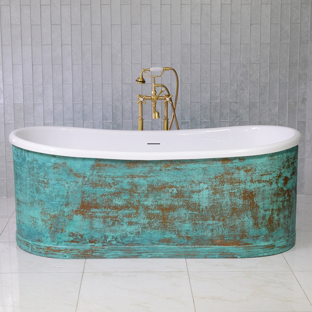 “SanSiro Biarritz S59VG” 59 Inch “Water and Air Jetted” Verdigris Aged Solid Copper Shell French Bateau Bathtub with Thick CoreAcryl Acrylic Interior
