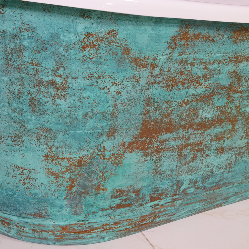 “SanSiro Biarritz W67VG” 67 Inch “Water and Air Jetted” Verdigris Aged Solid Copper Shell French Bateau Bathtub with Thick CoreAcryl Acrylic Interior