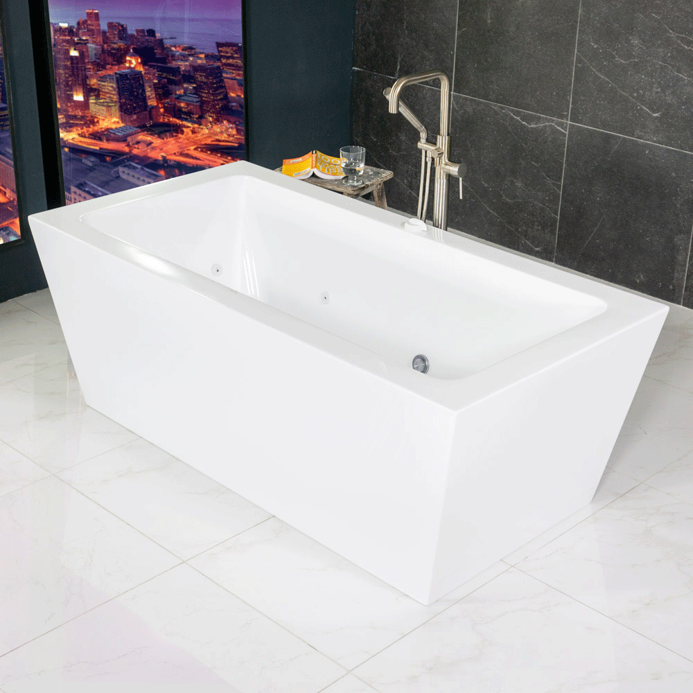 “SanSiro Asti73CHS” 73 x 34 inch Center Drain Variable Speed “Water and Air Jetted” Hydro-Spa Freestanding Acrylic Bathtub with Zone Power Control