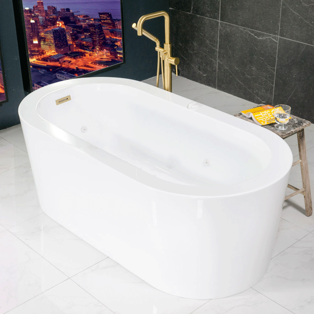 “SanSiro Augusta59EWJ” 59 x 34 inch End Drain Variable Speed “Water Jetted” Freestanding Acrylic Bathtub with Zone Power Control
