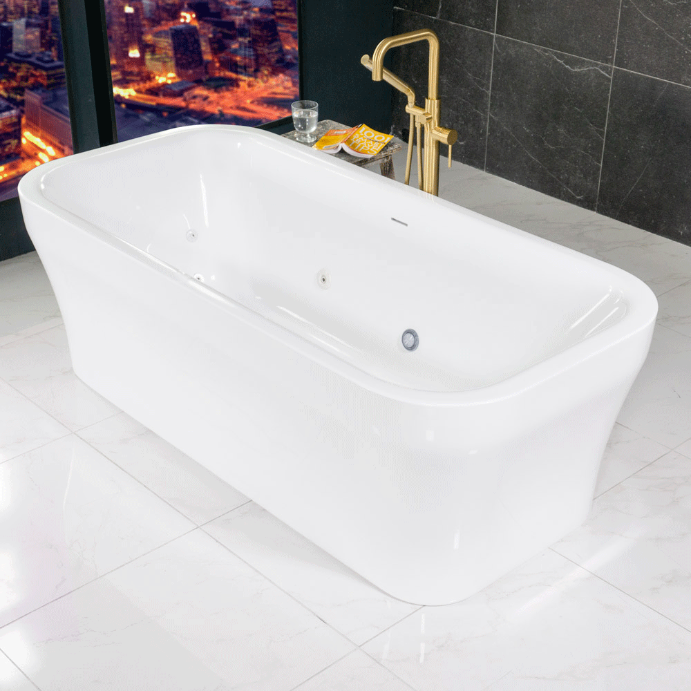 “SanSiro Eclipse-SM67CHS” 67 x 35 inch Center Drain with Variable Speed “Water and Air Jetted” Hydro-Spa Freestanding Acrylic Bathtub