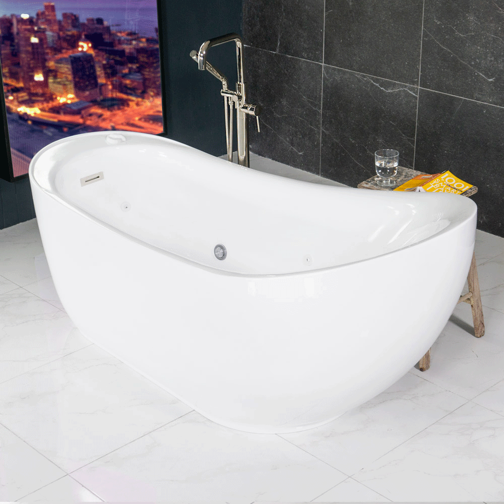 “SanSiro Feronia71EHS” 71 x 35 inch End Drain Variable Speed “Water and Air Jetted” Hydro-Spa Freestanding Acrylic Bathtub with Zone Power Control