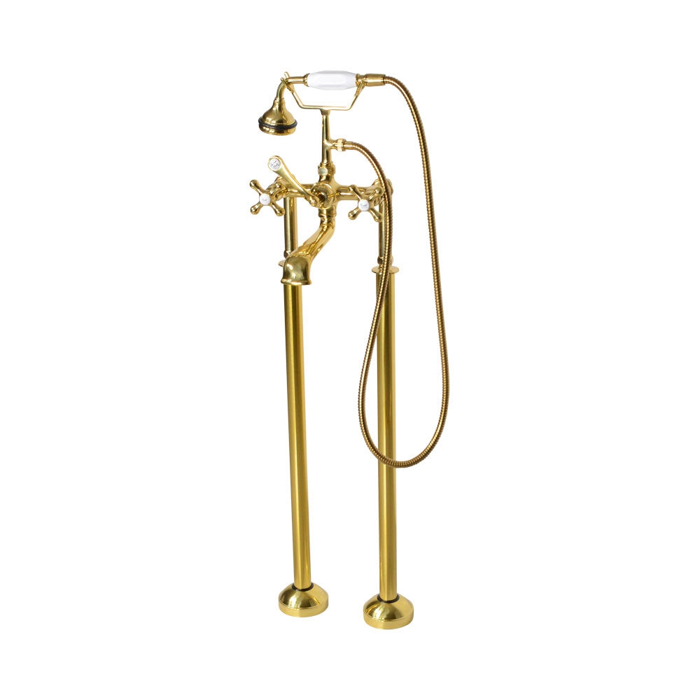“Victoriana Freestanding British Telephone Style Tub Faucet” in Brushed Brass