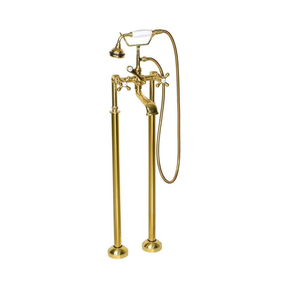“Victoriana Freestanding British Telephone Style Tub Faucet” in Brushed Brass