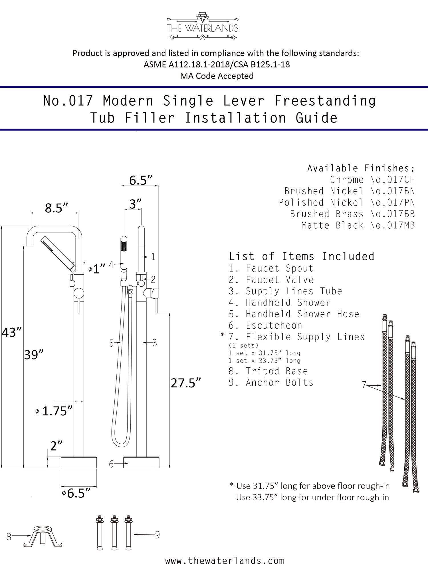 “The Waterlands No.017MB” Freestanding Floor Mounted Tub Faucet in Matte Black